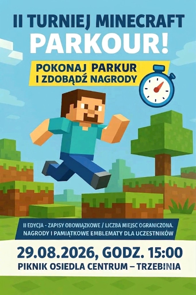 II Turniej Minecraft Parkour – 29.08.2026, godz. 15:00, Piknik Osiedla Centrum, Trzebinia